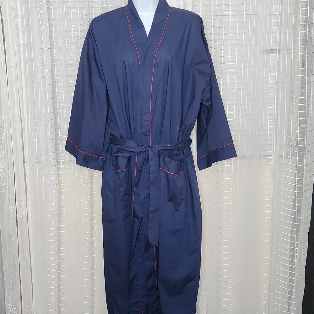 NWOT Towncraft navy blue Lightweight Cotton Blend robe w/ red piping OSFA